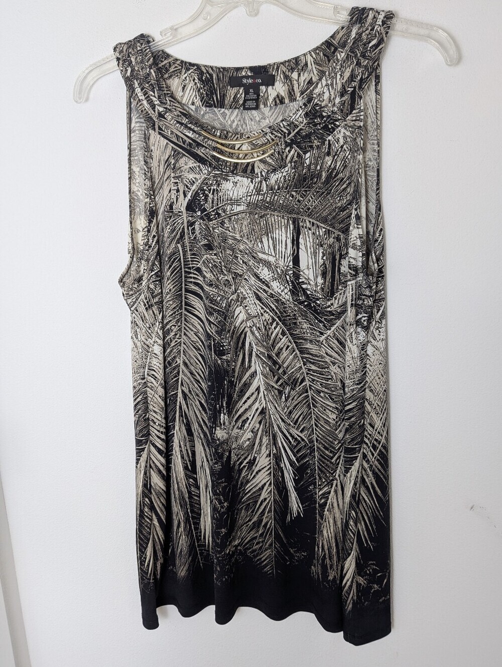 Style & Co. Black and Cream Palm-Print Sleeveless Shift Sun Mini Dress Sz XL